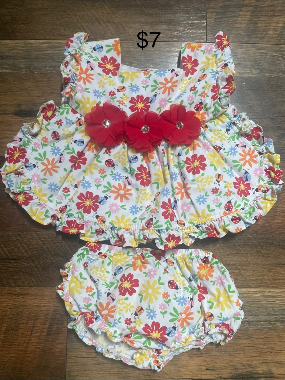 Good Lad White Floral Ruffle Two-Piece with Red Flower Accents